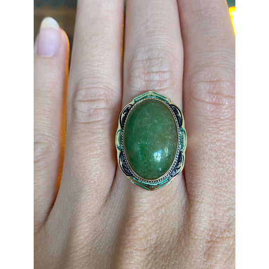 Vintage Solid 14k Yellow Gold Jade & Enamel Ring - Size 5.25 - Fine Estate Jewelry - Real Genuine Gold