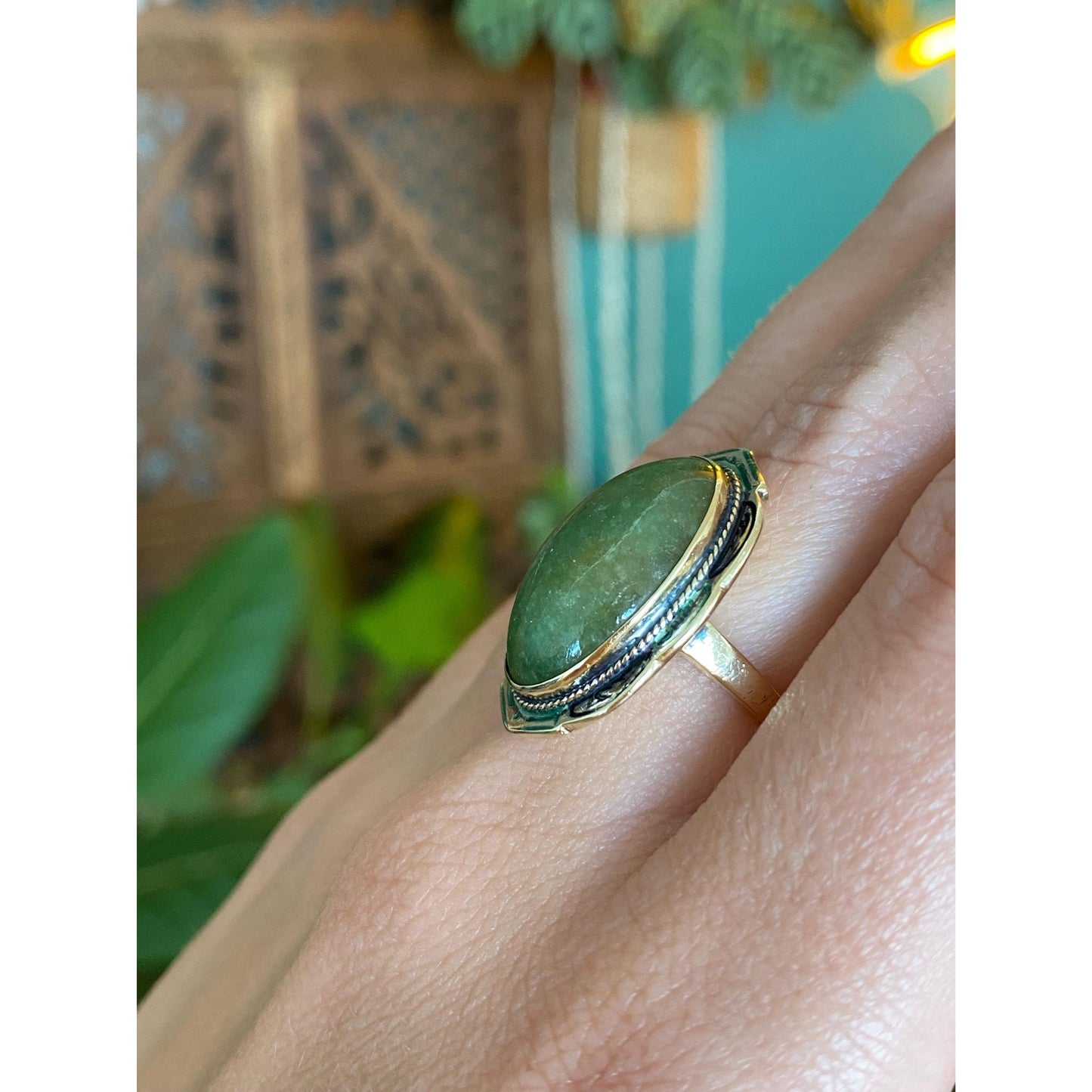 Vintage Solid 14k Yellow Gold Jade & Enamel Ring - Size 5.25 - Fine Estate Jewelry - Real Genuine Gold