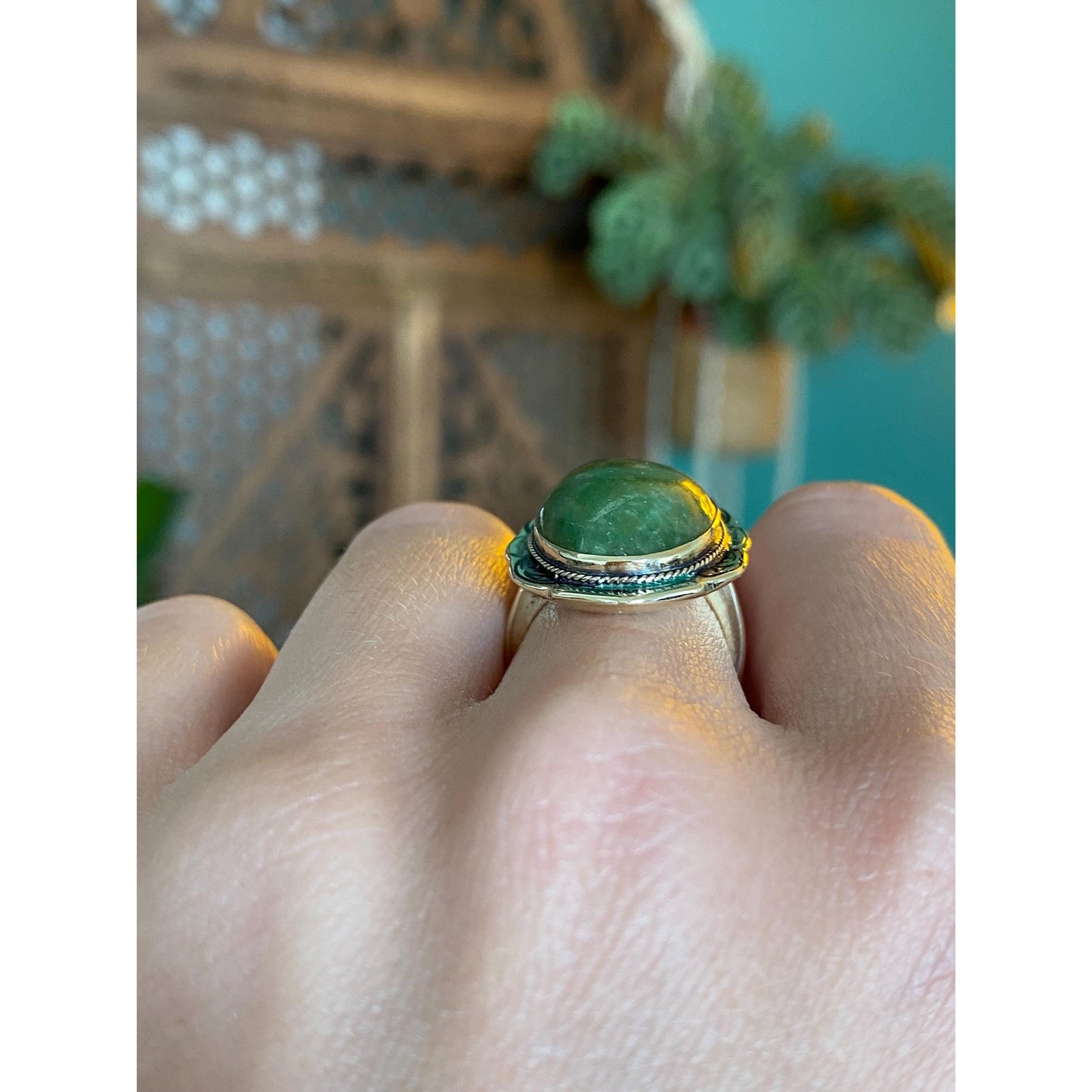 Vintage Solid 14k Yellow Gold Jade & Enamel Ring - Size 5.25 - Fine Estate Jewelry - Real Genuine Gold