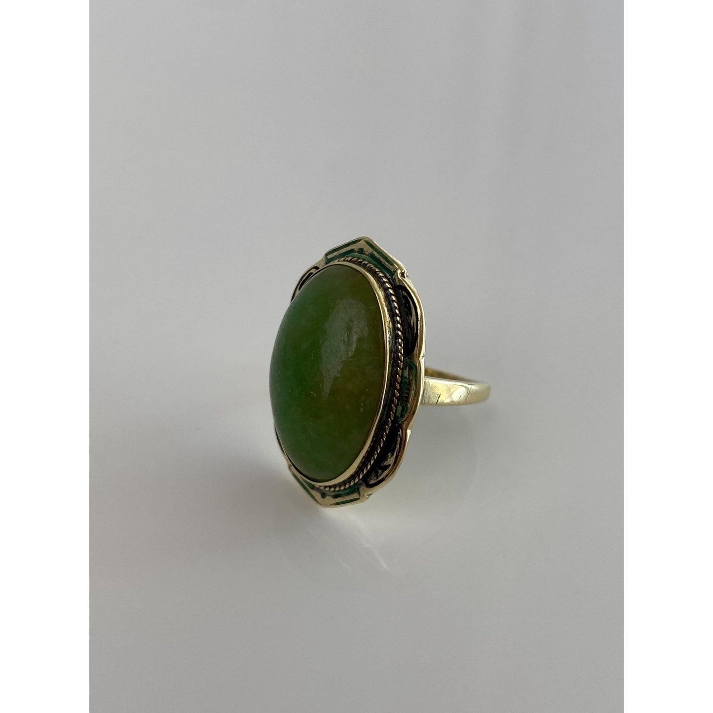 Vintage Solid 14k Yellow Gold Jade & Enamel Ring - Size 5.25 - Fine Estate Jewelry - Real Genuine Gold