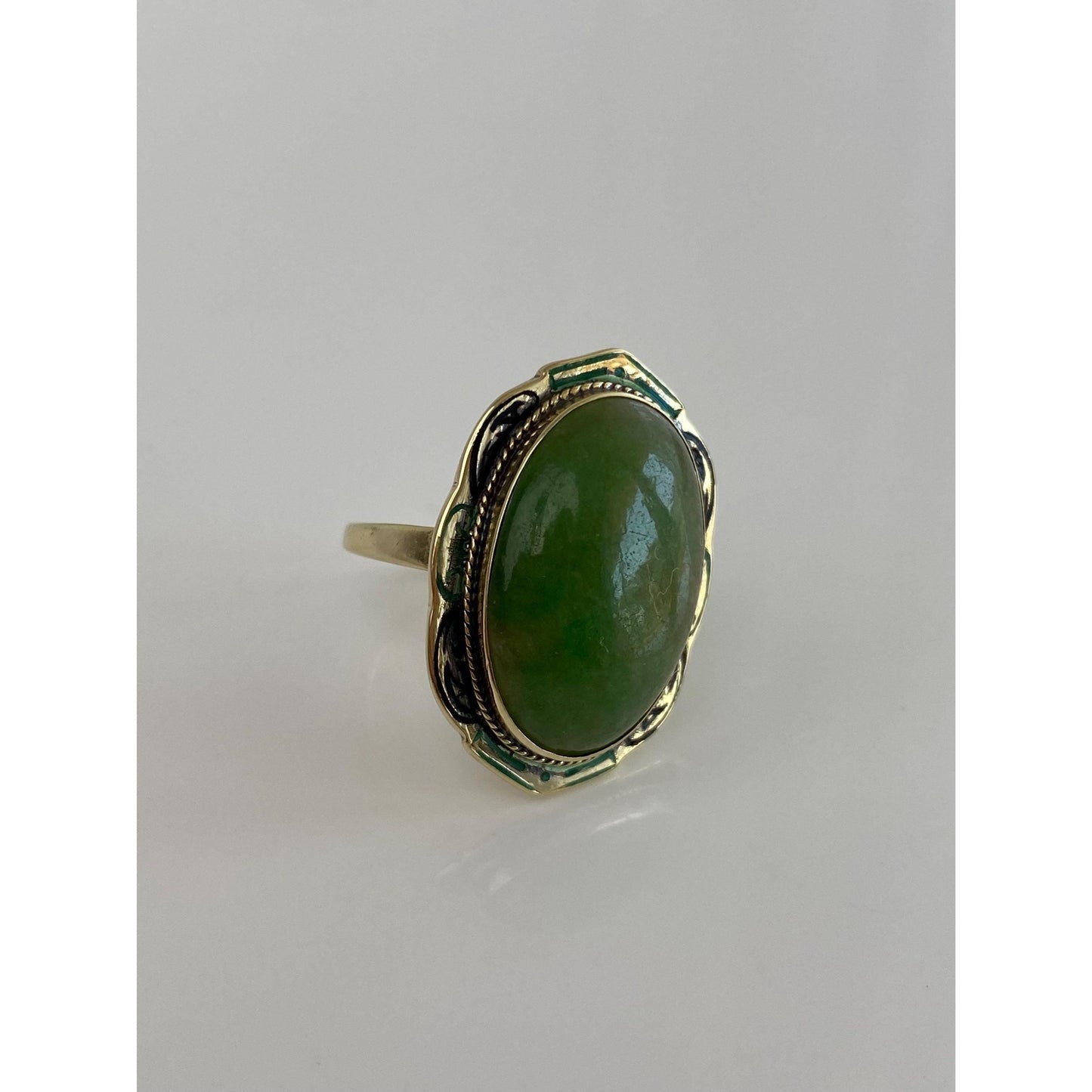 Vintage Solid 14k Yellow Gold Jade & Enamel Ring - Size 5.25 - Fine Estate Jewelry - Real Genuine Gold
