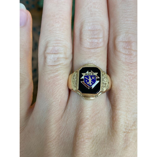 Vintage Solid 10k Yellow Gold Black Onyx Crest Signet Ring - Size 9.5