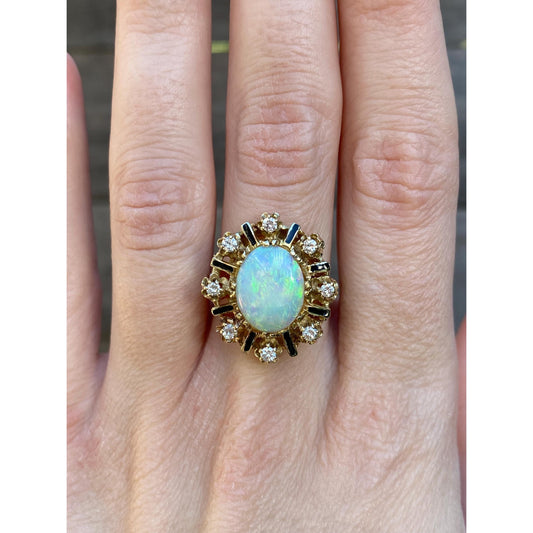 Vintage Solid 14k Yellow Gold Opal Diamond Halo Black Enamel Cocktail Ring - Size 7