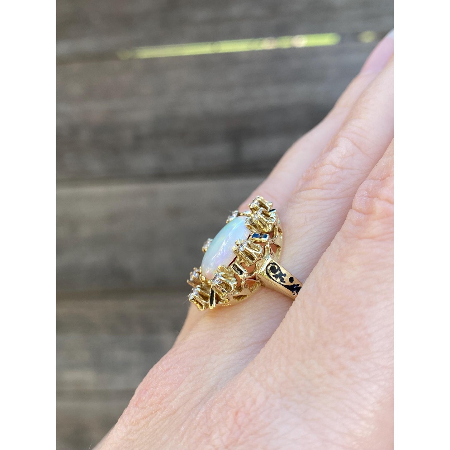 Vintage Solid 14k Yellow Gold Opal Diamond Halo Black Enamel Cocktail Ring - Size 7