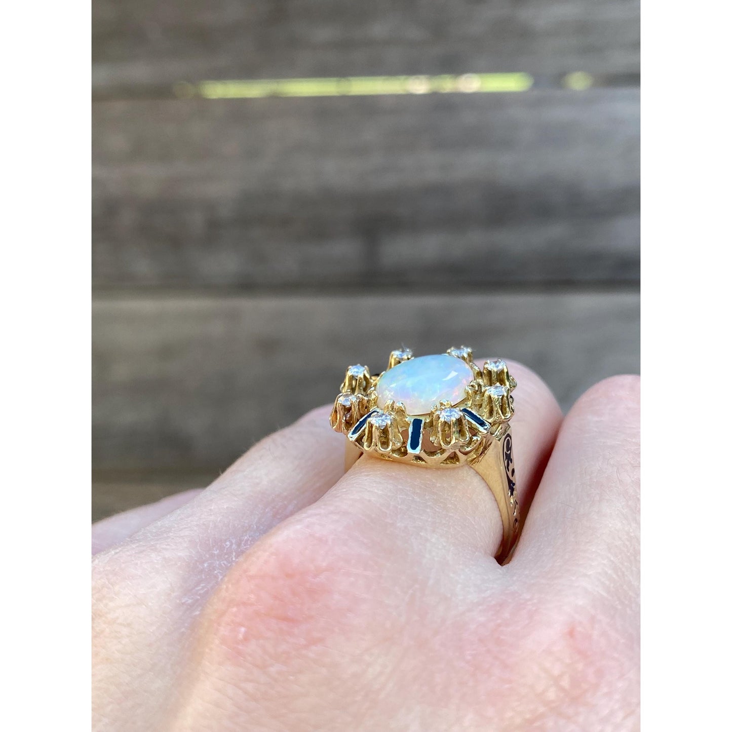 Vintage Solid 14k Yellow Gold Opal Diamond Halo Black Enamel Cocktail Ring - Size 7
