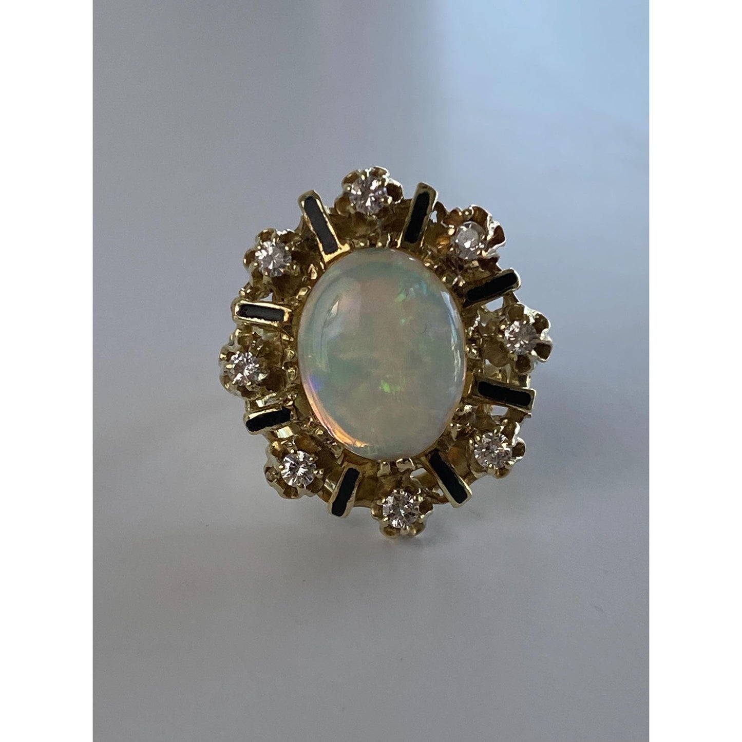 Vintage Solid 14k Yellow Gold Opal Diamond Halo Black Enamel Cocktail Ring - Size 7