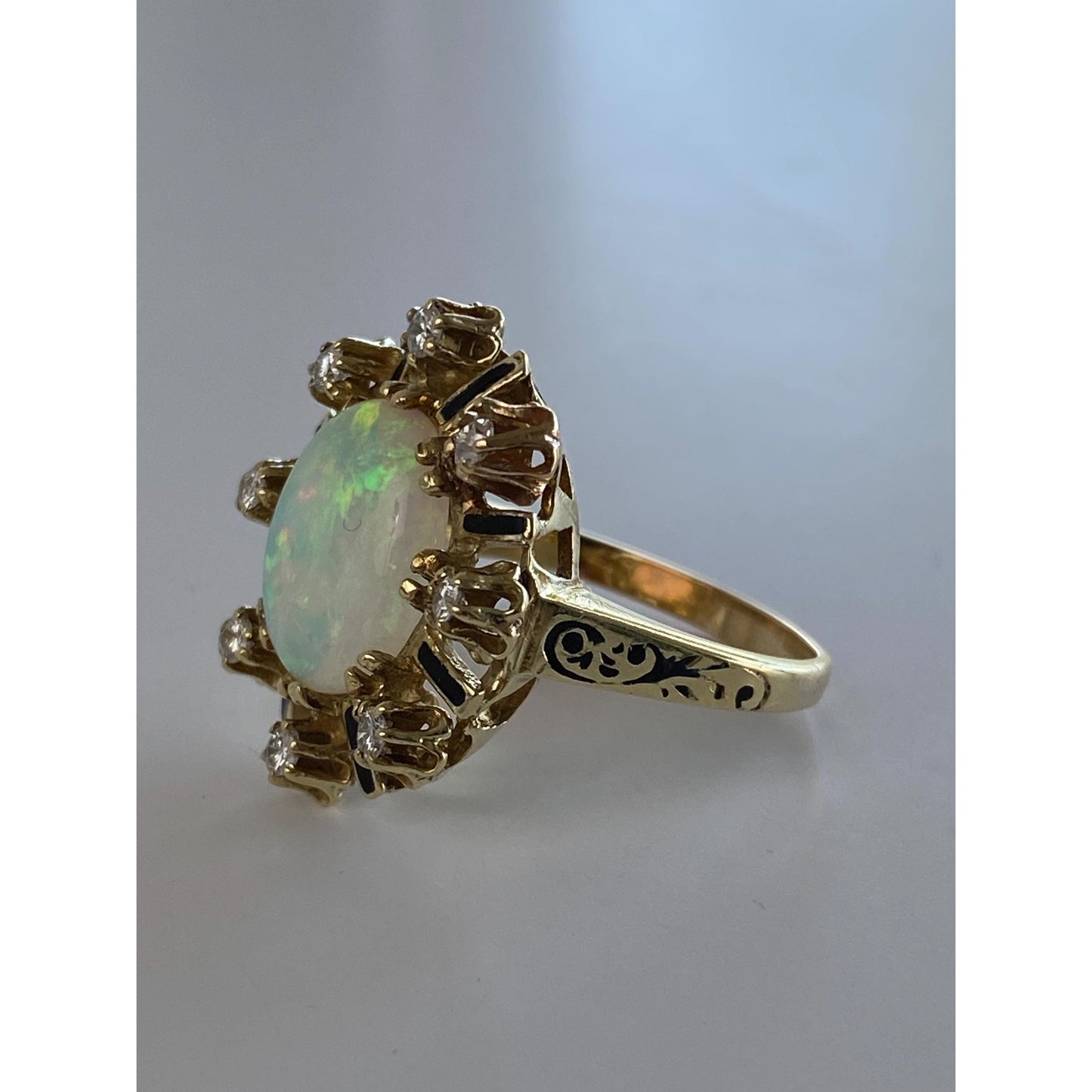Vintage Solid 14k Yellow Gold Opal Diamond Halo Black Enamel Cocktail Ring - Size 7