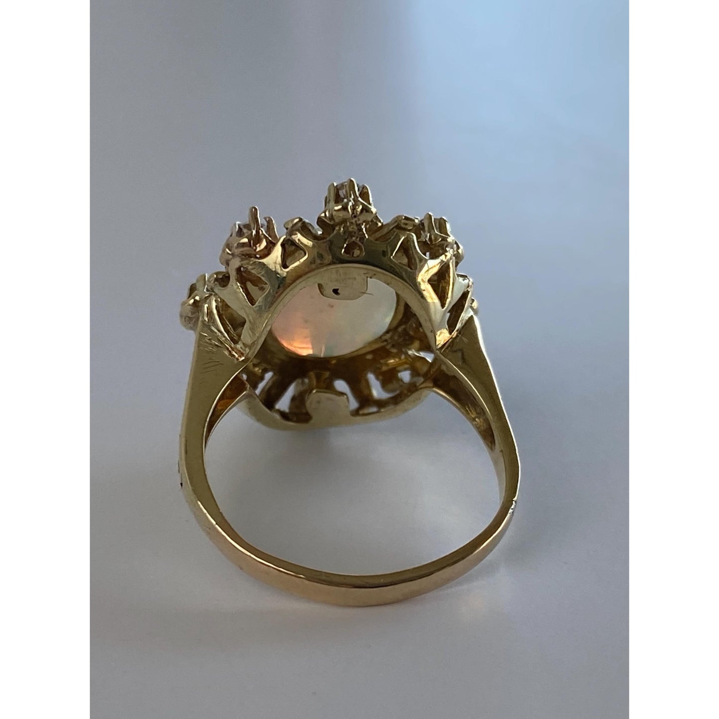 Vintage Solid 14k Yellow Gold Opal Diamond Halo Black Enamel Cocktail Ring - Size 7