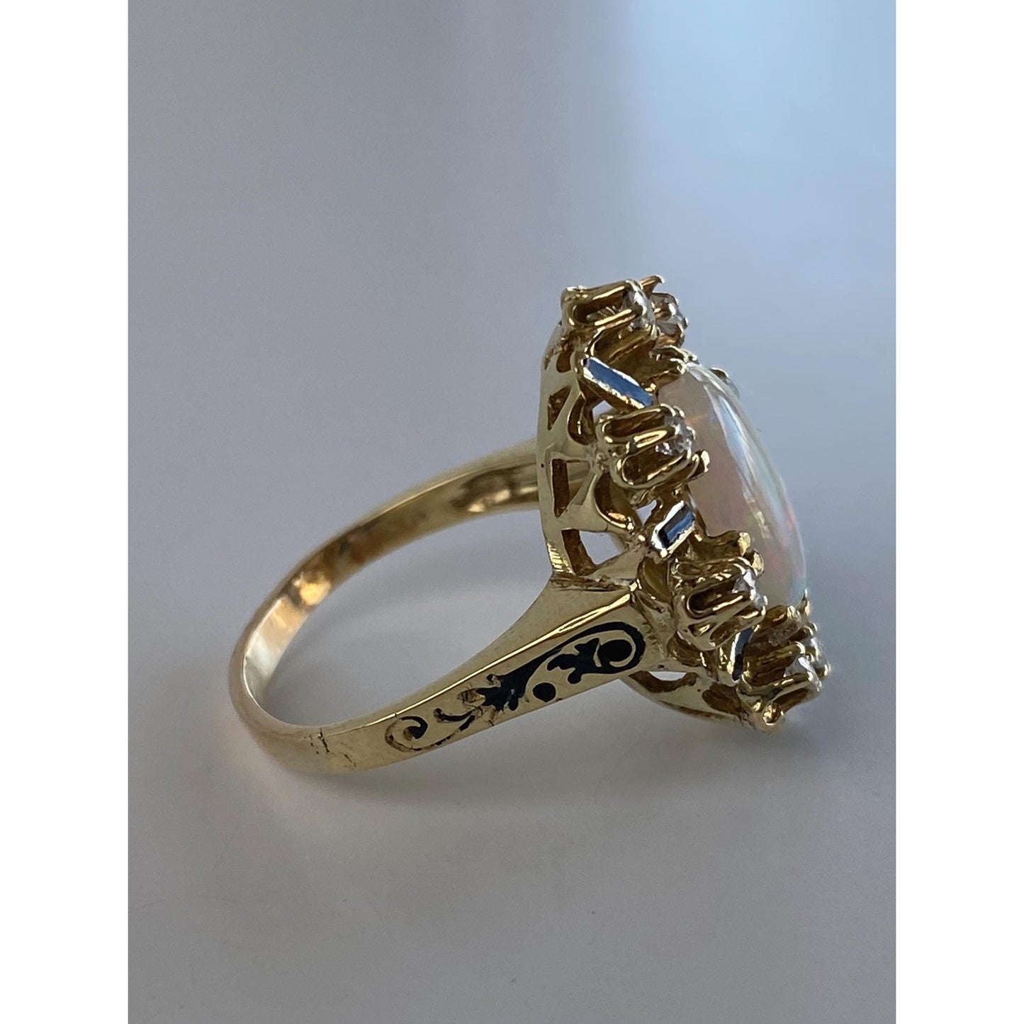 Vintage Solid 14k Yellow Gold Opal Diamond Halo Black Enamel Cocktail Ring - Size 7