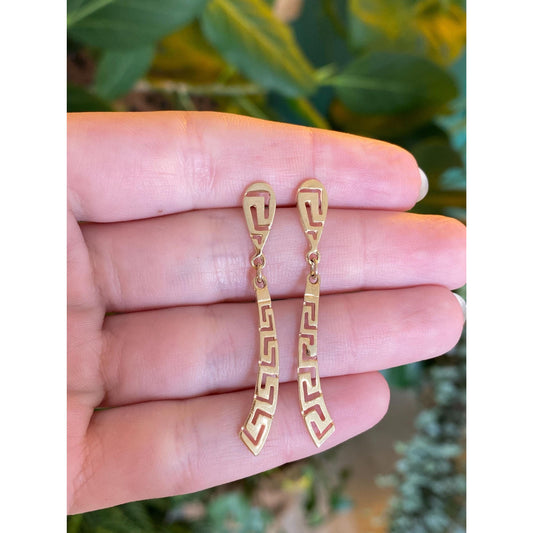Solid 14k Yellow Gold Greek Key Dangle Stud Earrings
