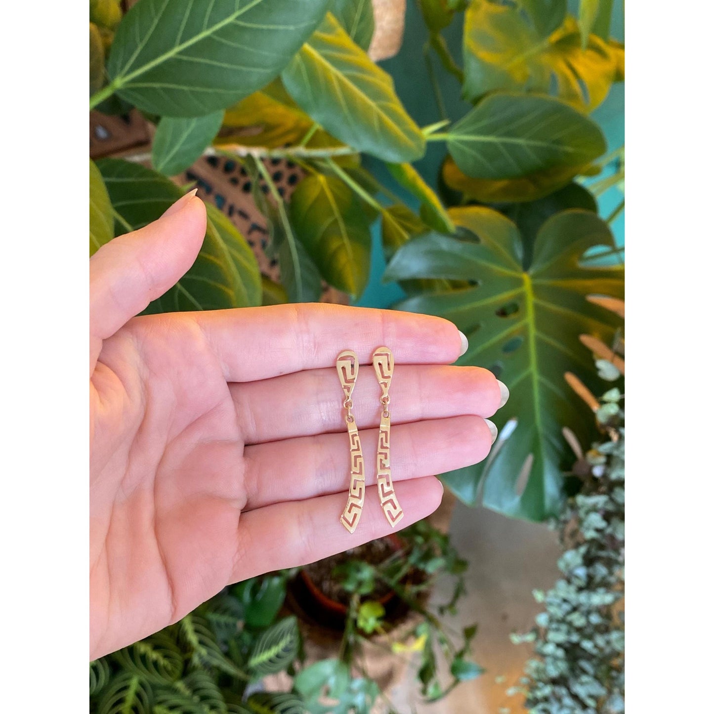 Solid 14k Yellow Gold Greek Key Dangle Stud Earrings