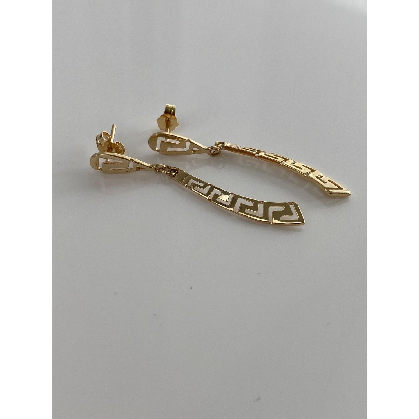 Solid 14k Yellow Gold Greek Key Dangle Stud Earrings