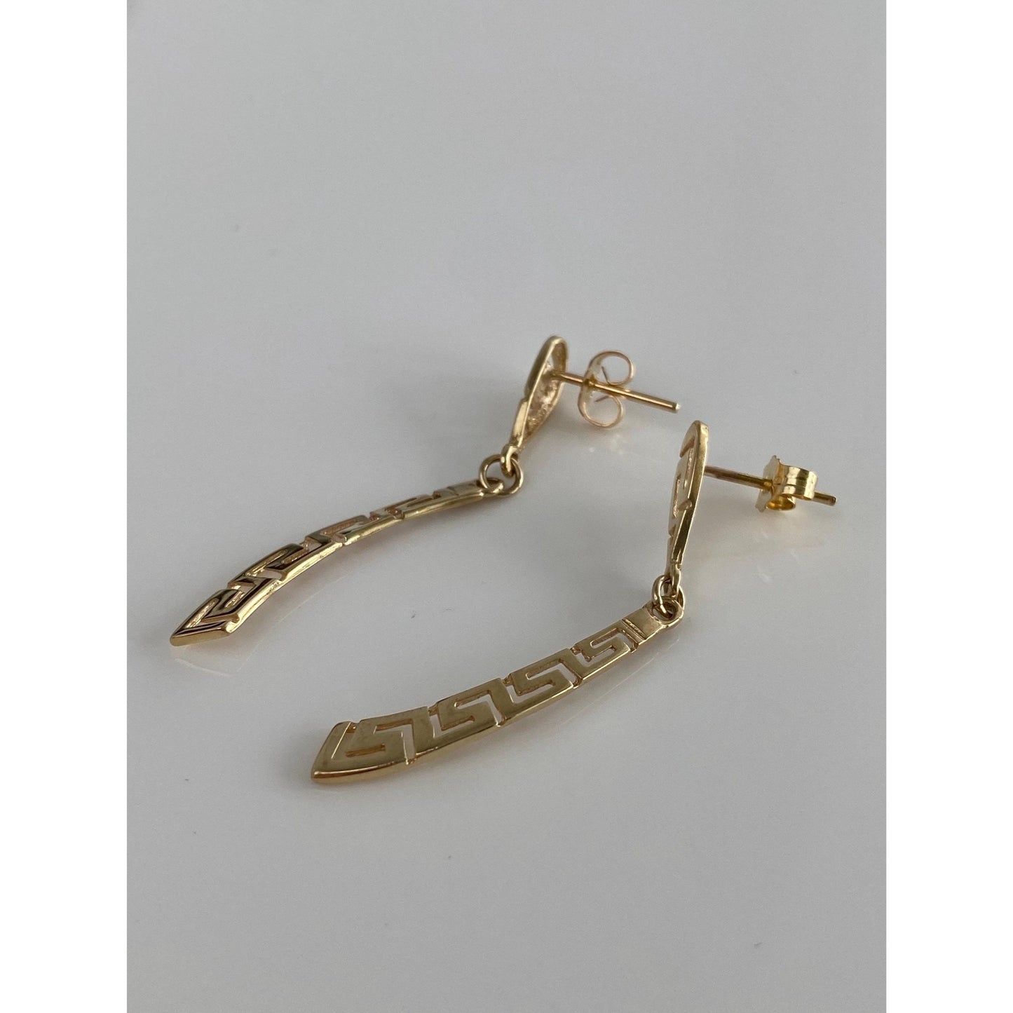 Solid 14k Yellow Gold Greek Key Dangle Stud Earrings