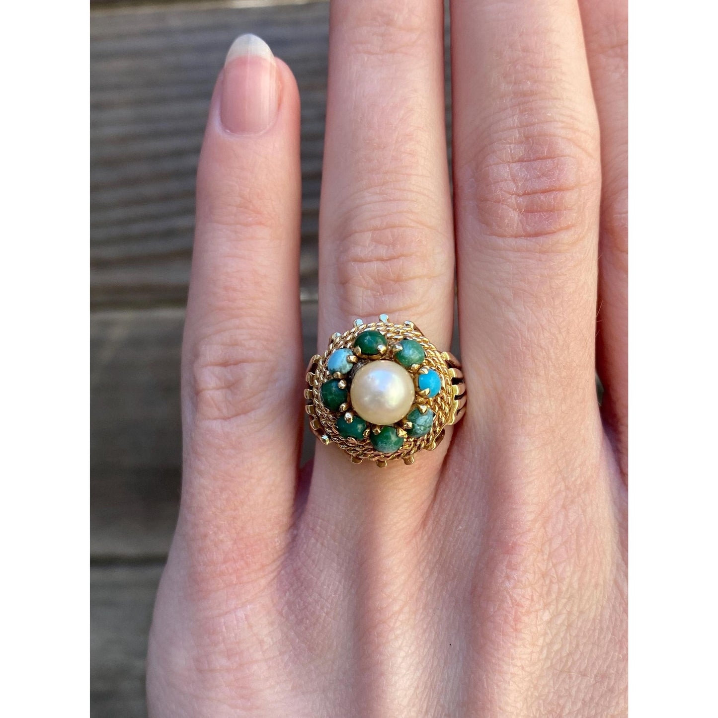 Vintage Solid 14k Yellow Gold Pearl Turquoise Halo Ring - Size 2.25