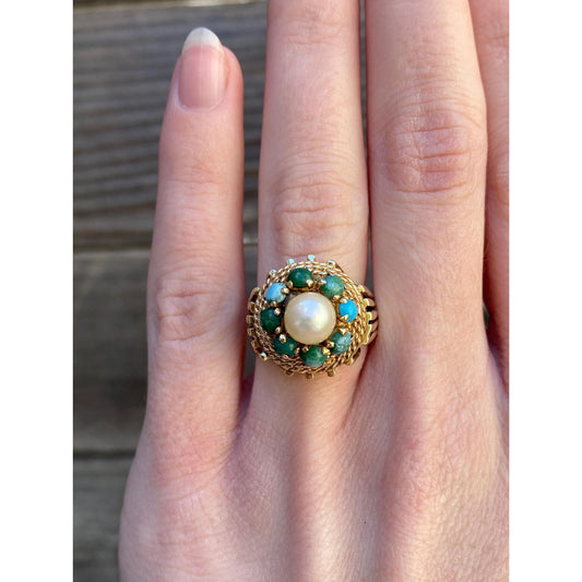Vintage Solid 14k Yellow Gold Pearl Turquoise Halo Ring - Size 2.25