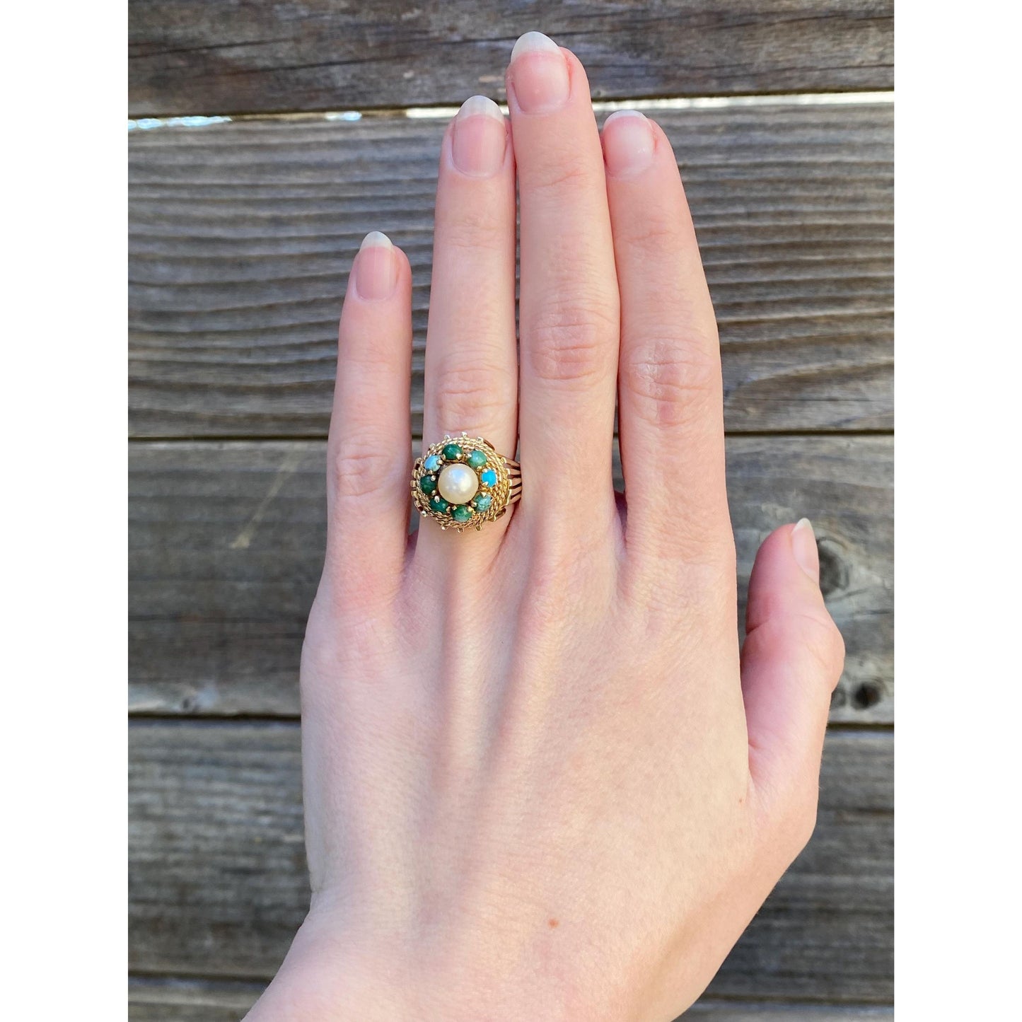 Vintage Solid 14k Yellow Gold Pearl Turquoise Halo Ring - Size 2.25