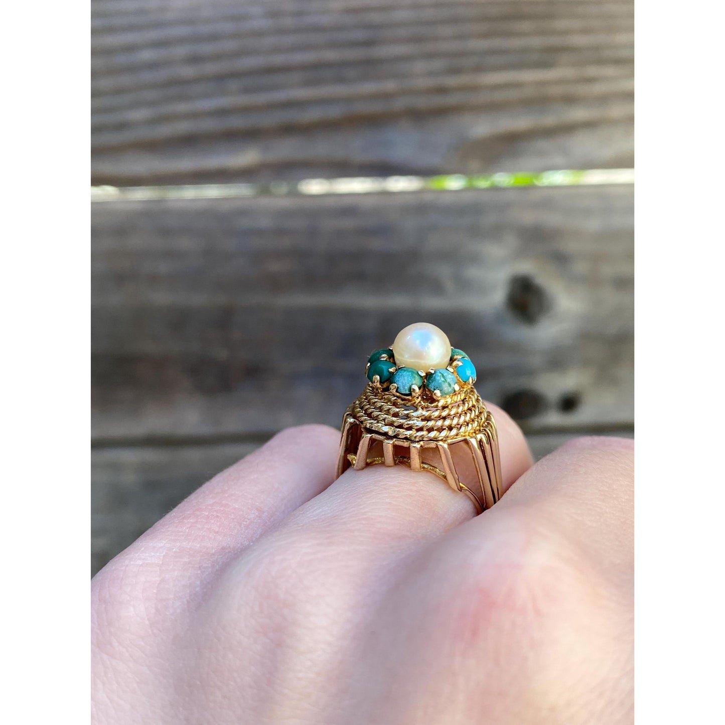 Vintage Solid 14k Yellow Gold Pearl Turquoise Halo Ring - Size 2.25