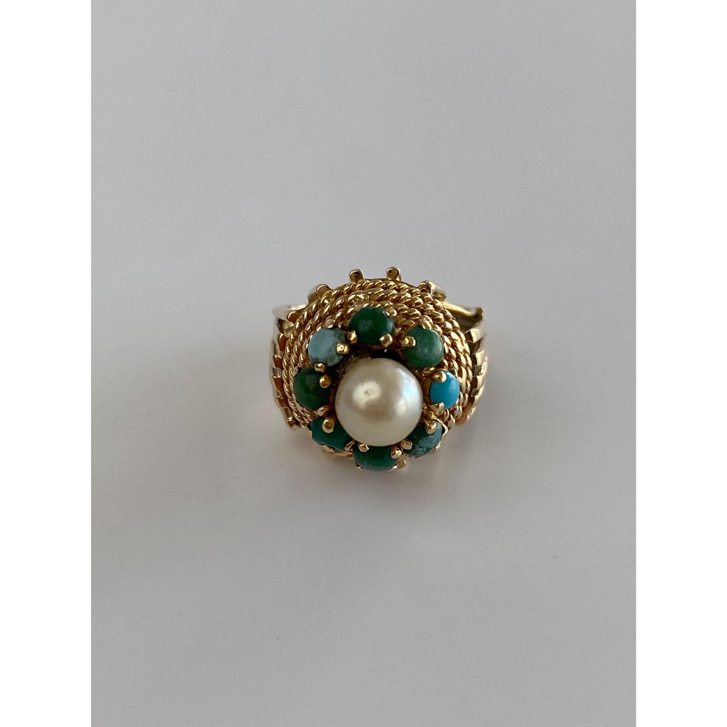 Vintage Solid 14k Yellow Gold Pearl Turquoise Halo Ring - Size 2.25