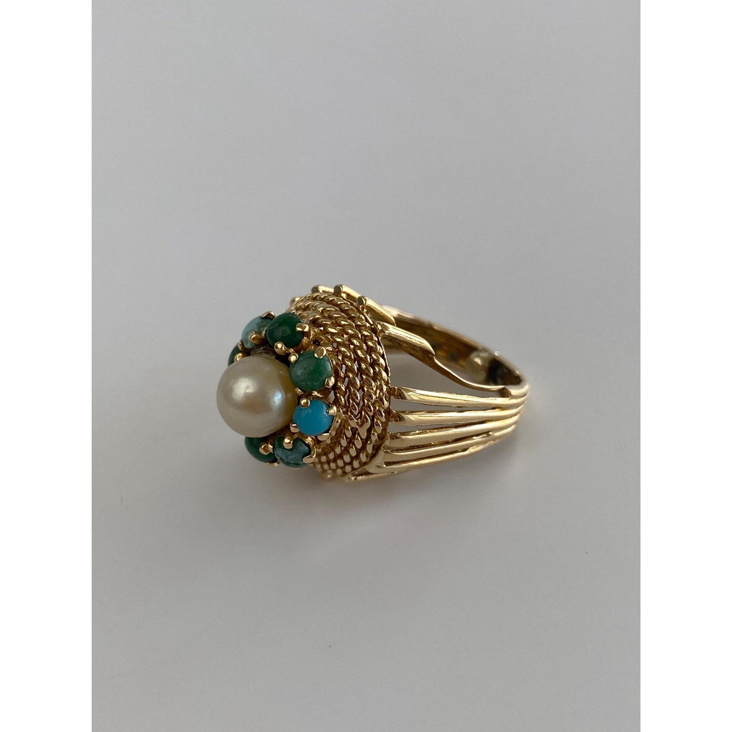 Vintage Solid 14k Yellow Gold Pearl Turquoise Halo Ring - Size 2.25