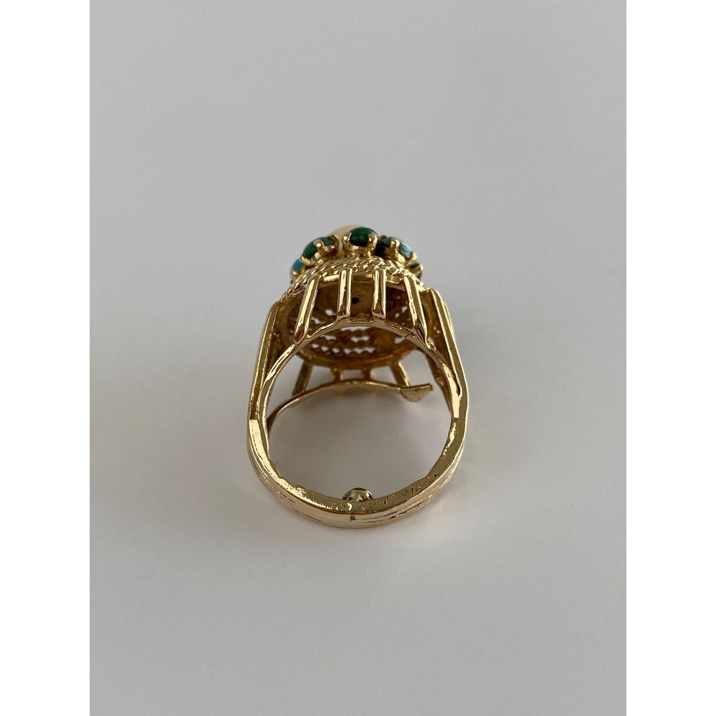 Vintage Solid 14k Yellow Gold Pearl Turquoise Halo Ring - Size 2.25