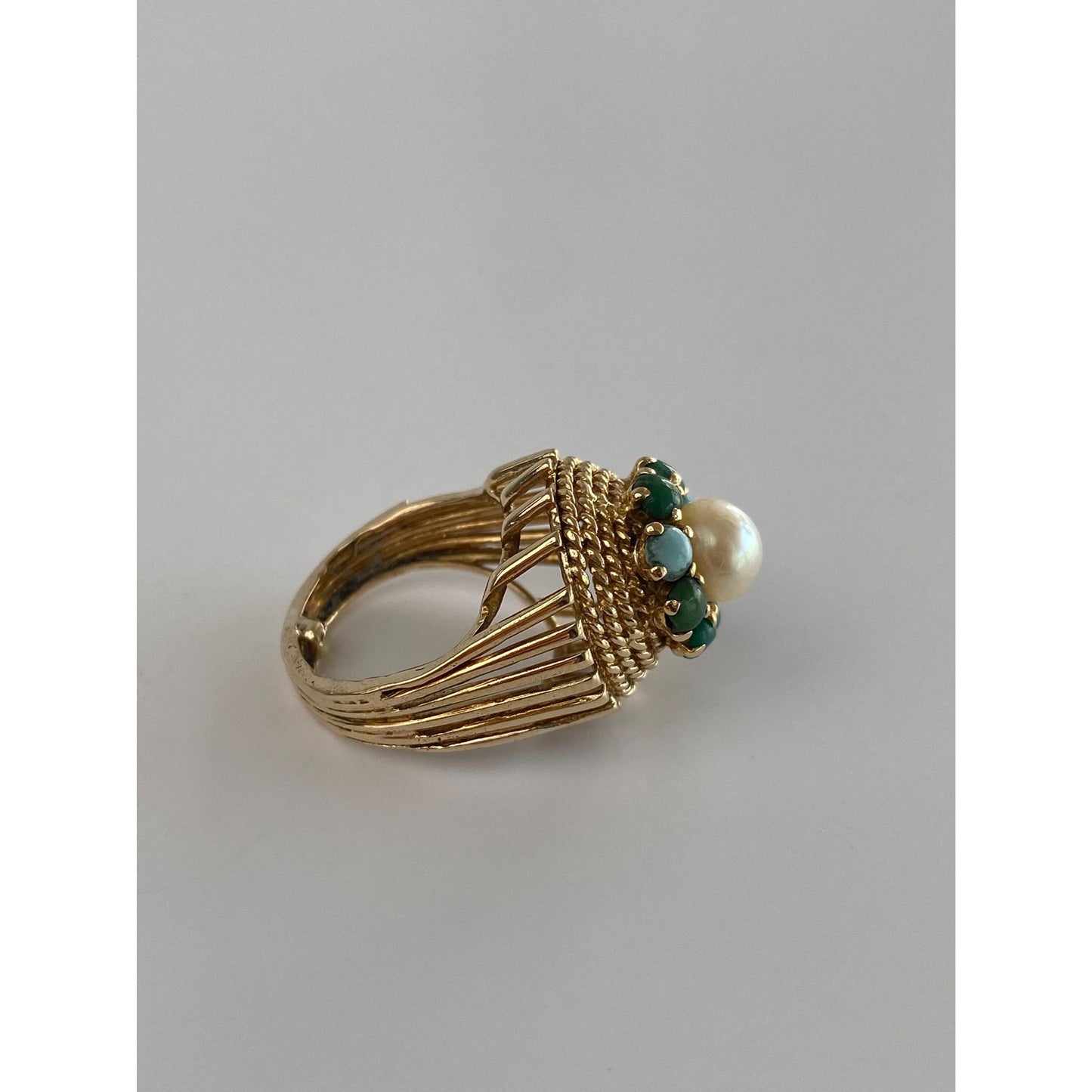 Vintage Solid 14k Yellow Gold Pearl Turquoise Halo Ring - Size 2.25