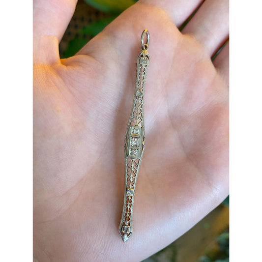 Solid 14k White & Yellow Gold Diamond Art Deco Bar Pin Conversion Charm