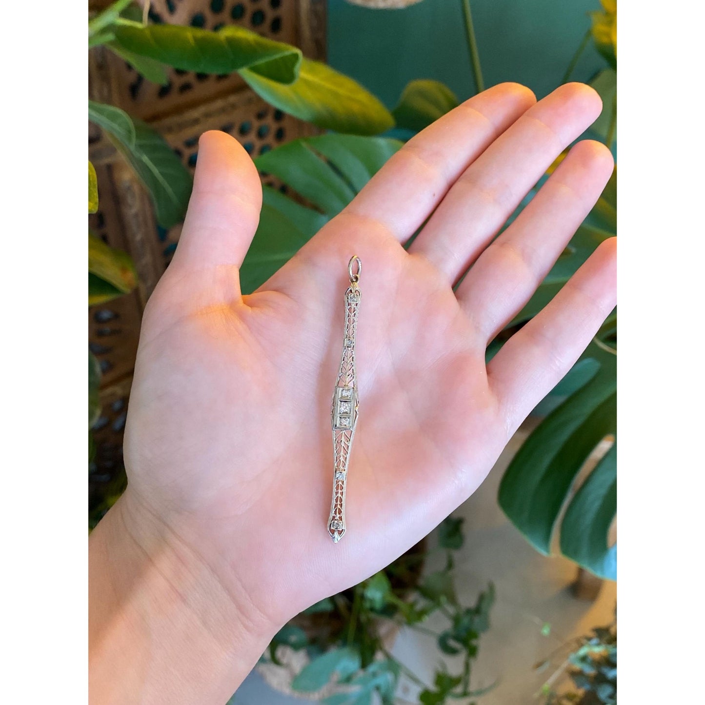 Solid 14k White & Yellow Gold Diamond Art Deco Bar Pin Conversion Charm