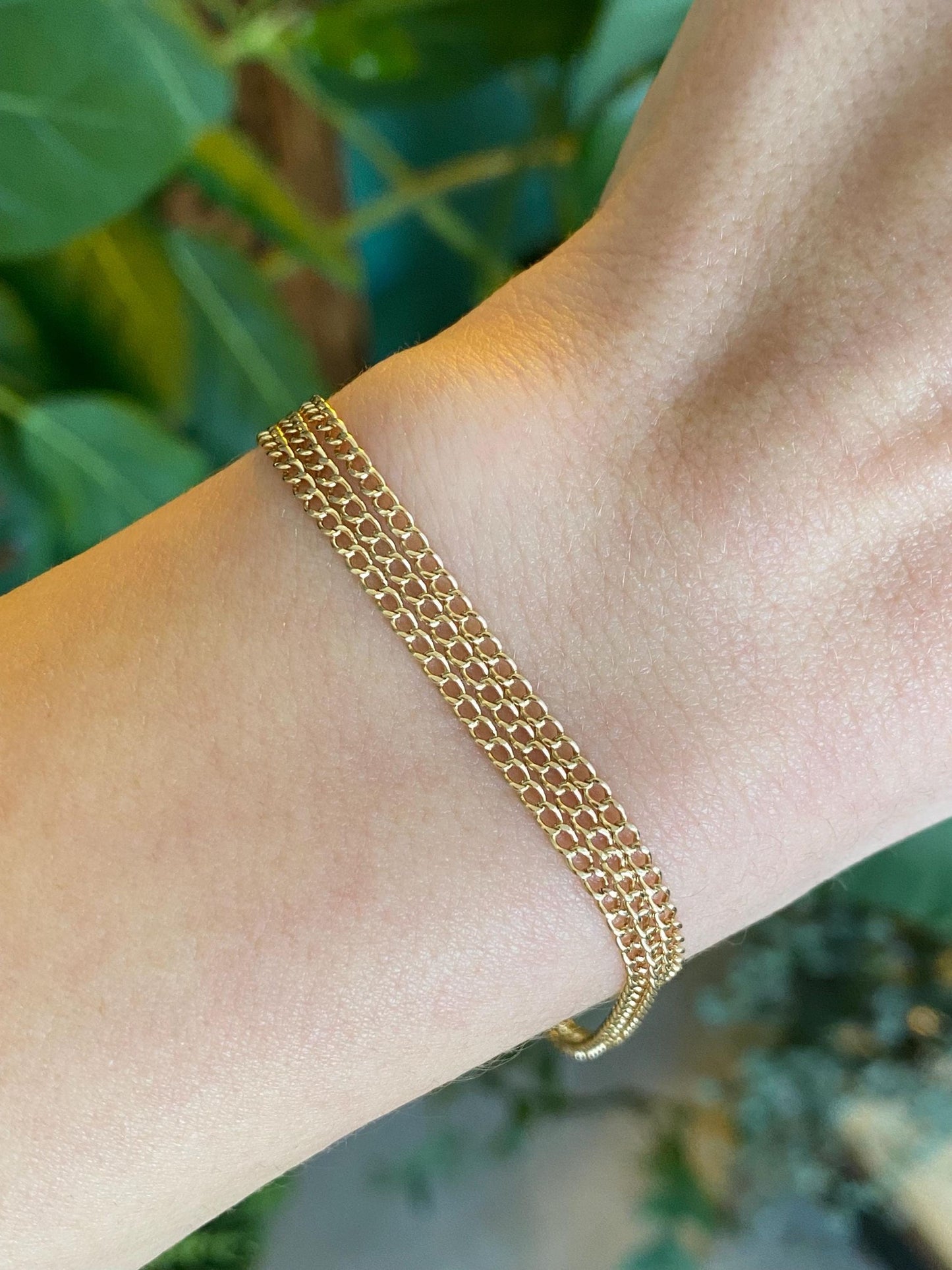 Vintage Solid 14k Yellow Gold Triple Strand Curb Chain Bracelet - 7 inches