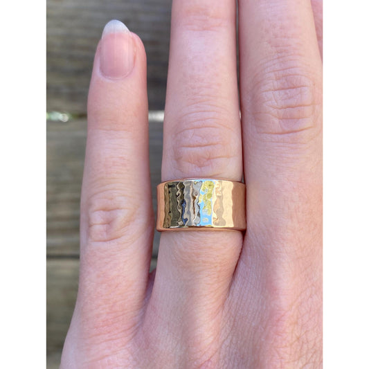 Vintage Solid 14k Yellow Gold Wide Hammered Ring Band - Size 5
