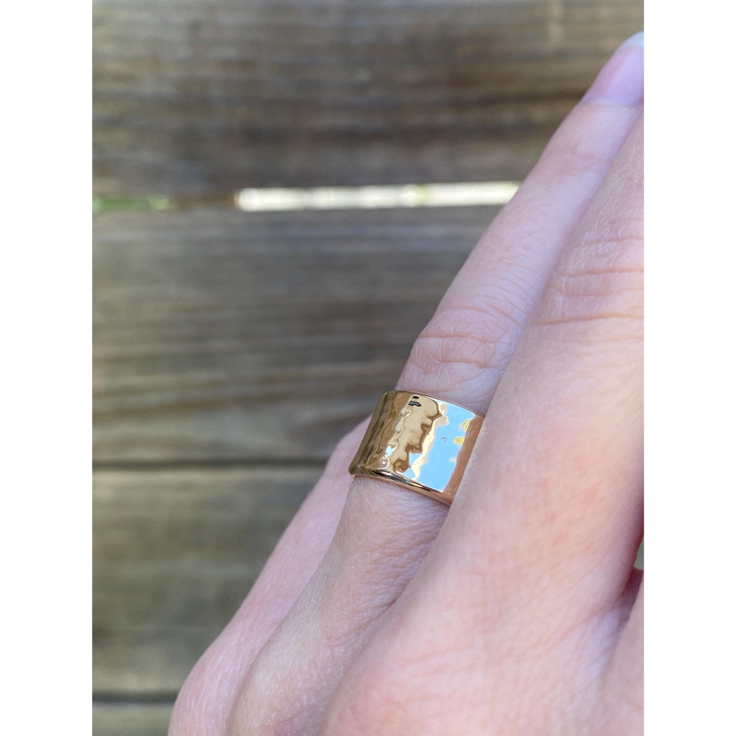 Vintage Solid 14k Yellow Gold Wide Hammered Ring Band - Size 5
