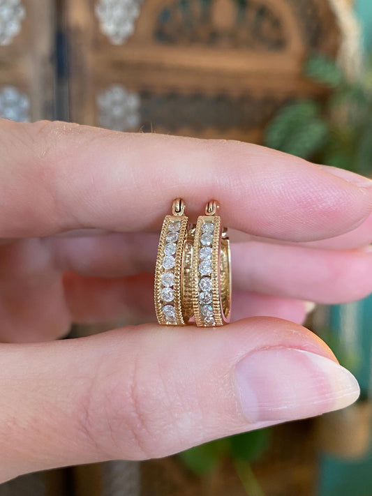 Vintage Solid 14k Yellow Gold Diamond Hoop Earrings