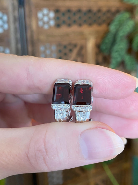 Vintage Solid 14k White Gold Diamond Garnet Drop Earrings