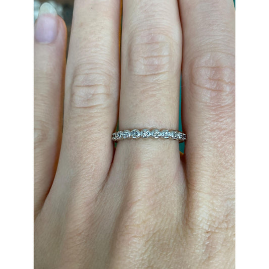 Vintage Solid 14k White Gold Diamond Beaded Texture Ring Band - Size 6.5