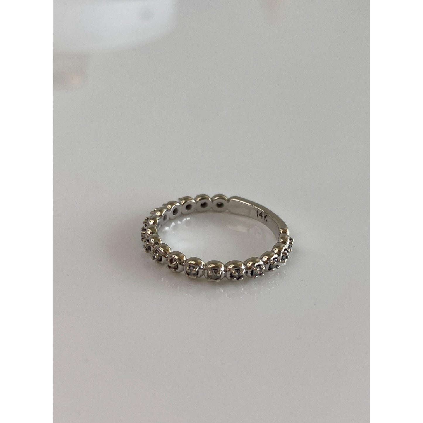 Vintage Solid 14k White Gold Diamond Beaded Texture Ring Band - Size 6.5