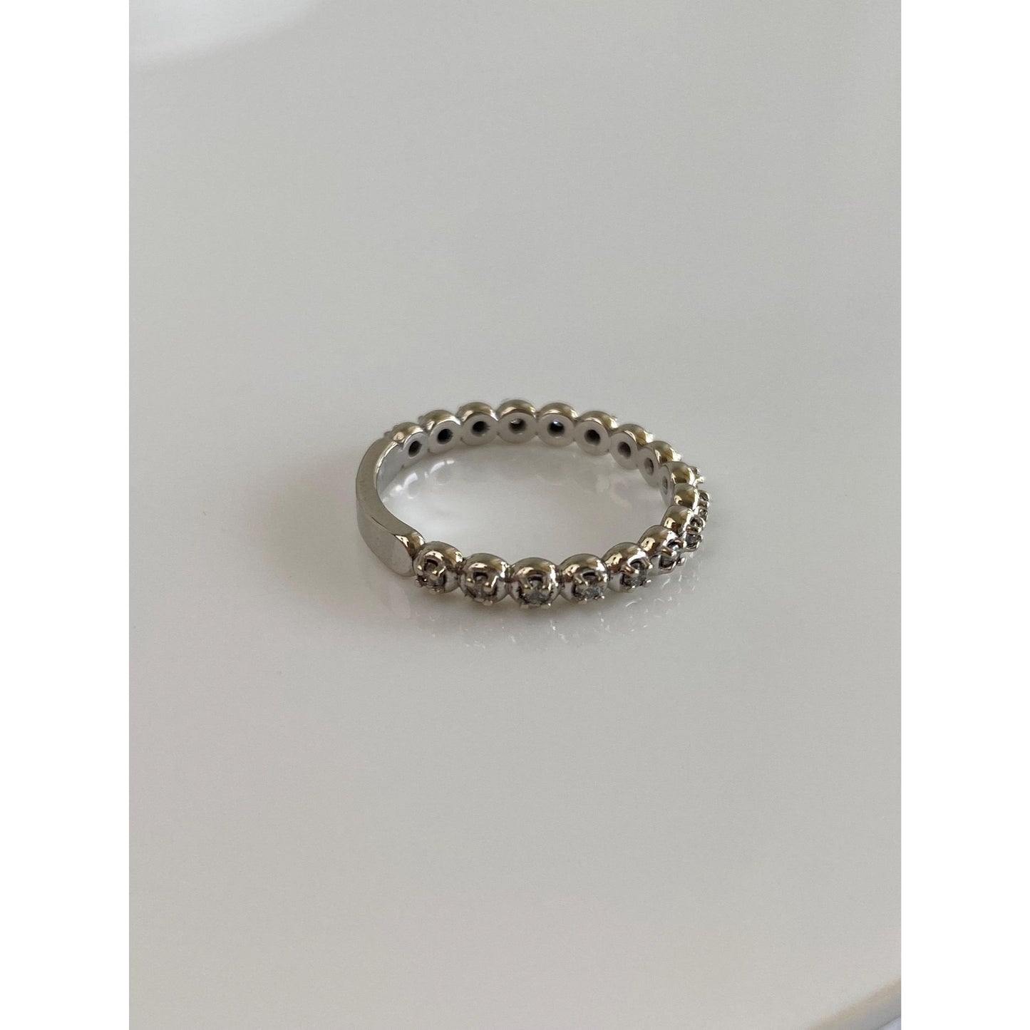 Vintage Solid 14k White Gold Diamond Beaded Texture Ring Band - Size 6.5