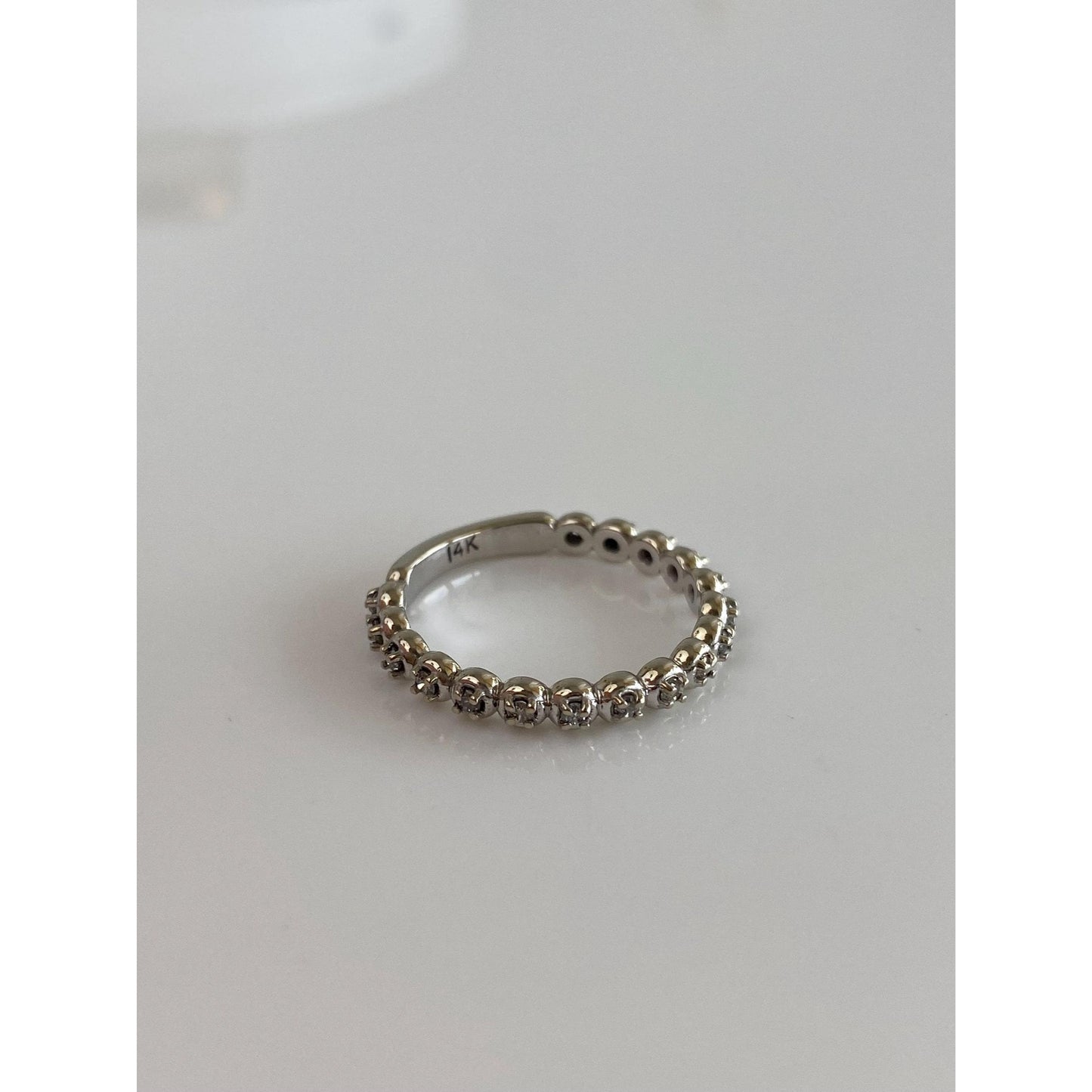 Vintage Solid 14k White Gold Diamond Beaded Texture Ring Band - Size 6.5