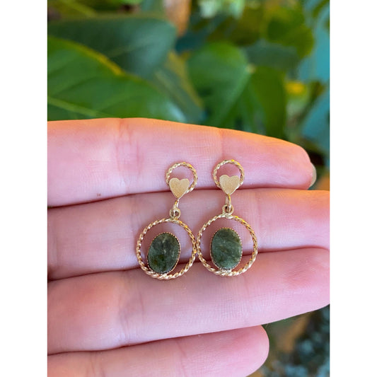 Vintage Solid 14k Yellow Gold Nephrite Heart Dangle Stud Earrings