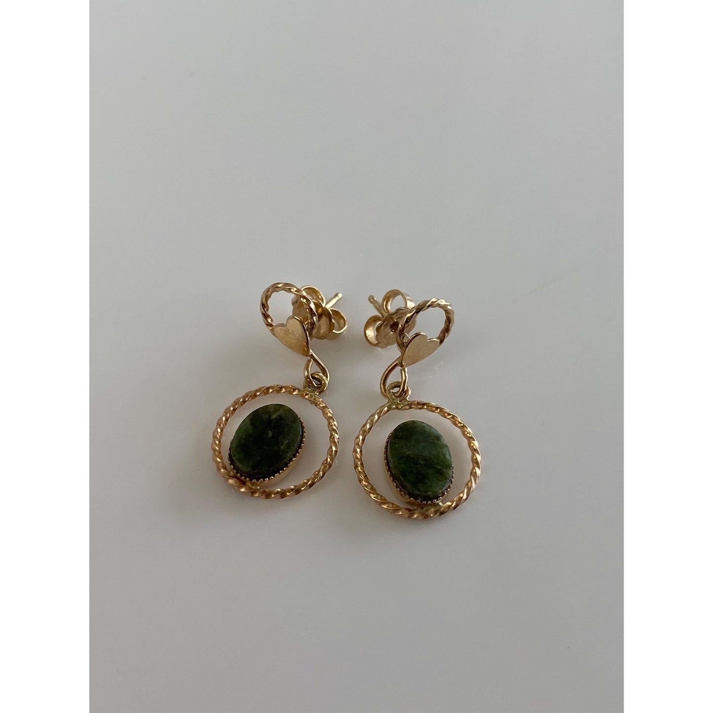 Vintage Solid 14k Yellow Gold Nephrite Heart Dangle Stud Earrings
