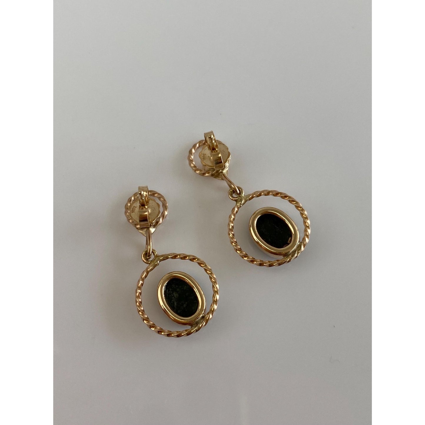 Vintage Solid 14k Yellow Gold Nephrite Heart Dangle Stud Earrings