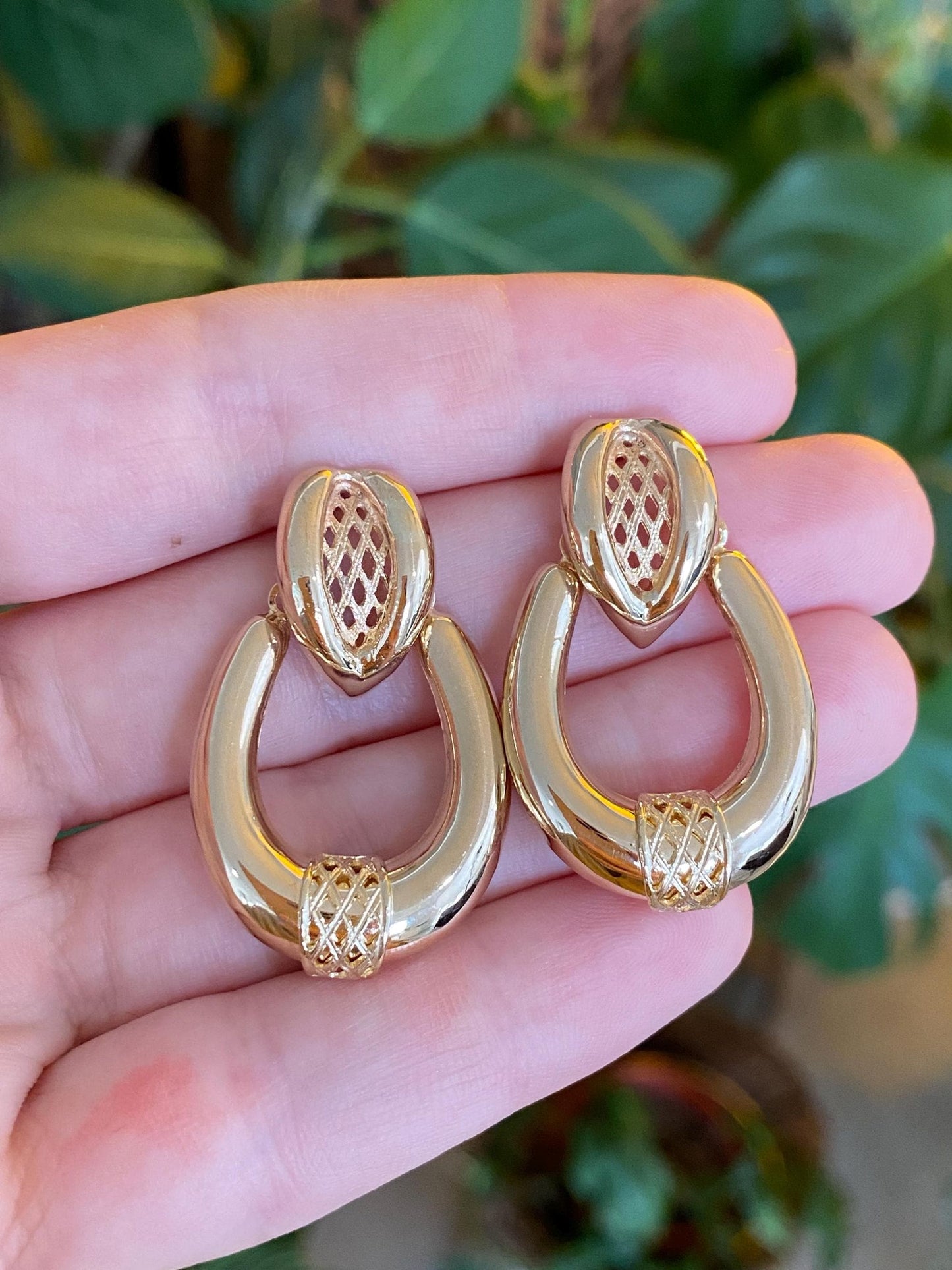 Vintage 14k Yellow Gold Open Work Design Hoop Stud Earrings