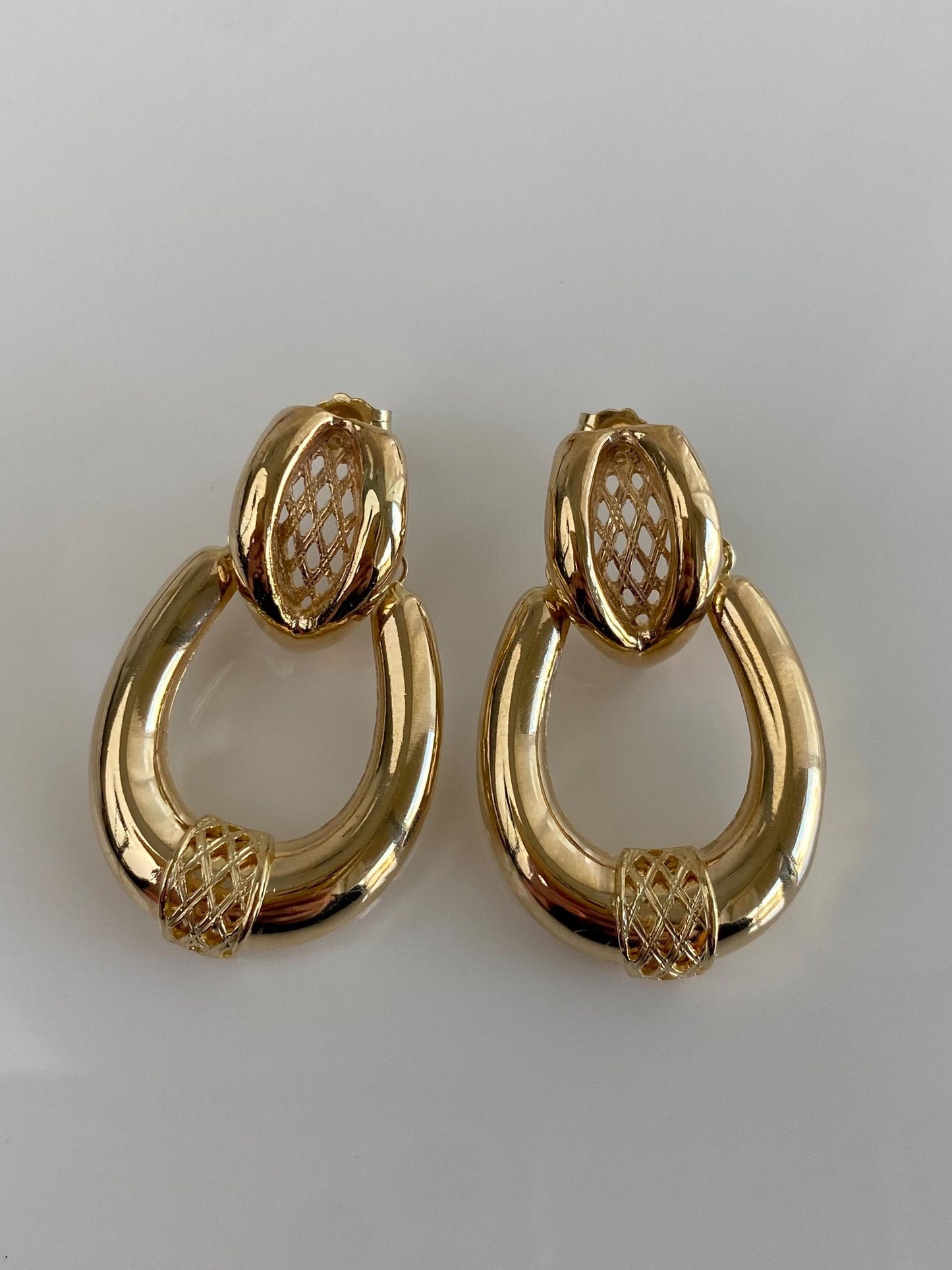Vintage 14k Yellow Gold Open Work Design Hoop Stud Earrings