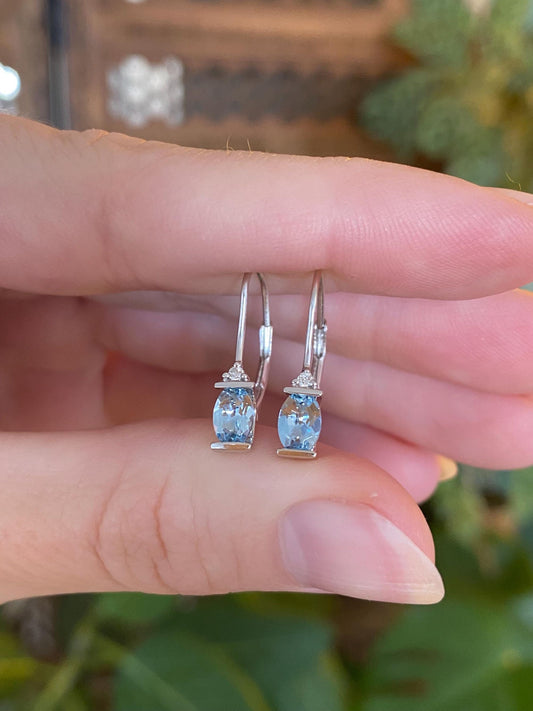 Vintage Solid 14k White Gold Diamond Light Blue Quartz Dangle Earrings