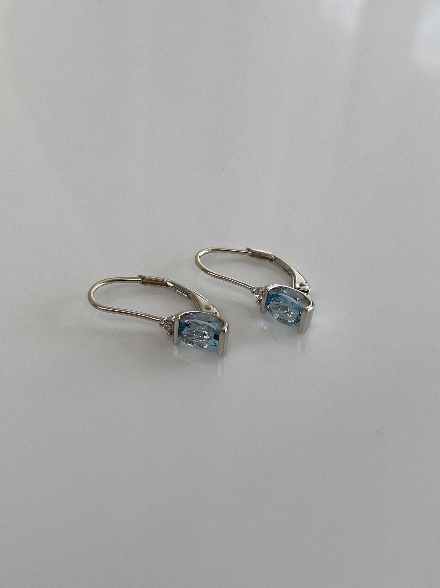 Vintage Solid 14k White Gold Diamond Light Blue Quartz Dangle Earrings
