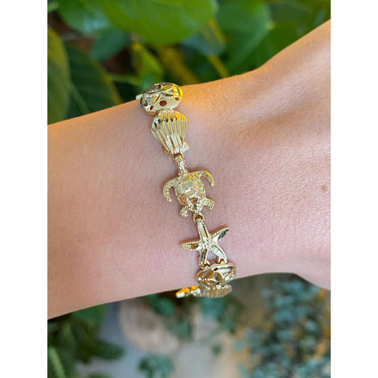 Solid 14k Yellow Gold Diamond Cut Mermaid Sea Life Link Bracelet - 7 inches