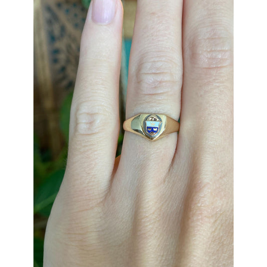Vintage Solid 10k Yellow Gold Enamel Crest Signet Ring - Size 4.75