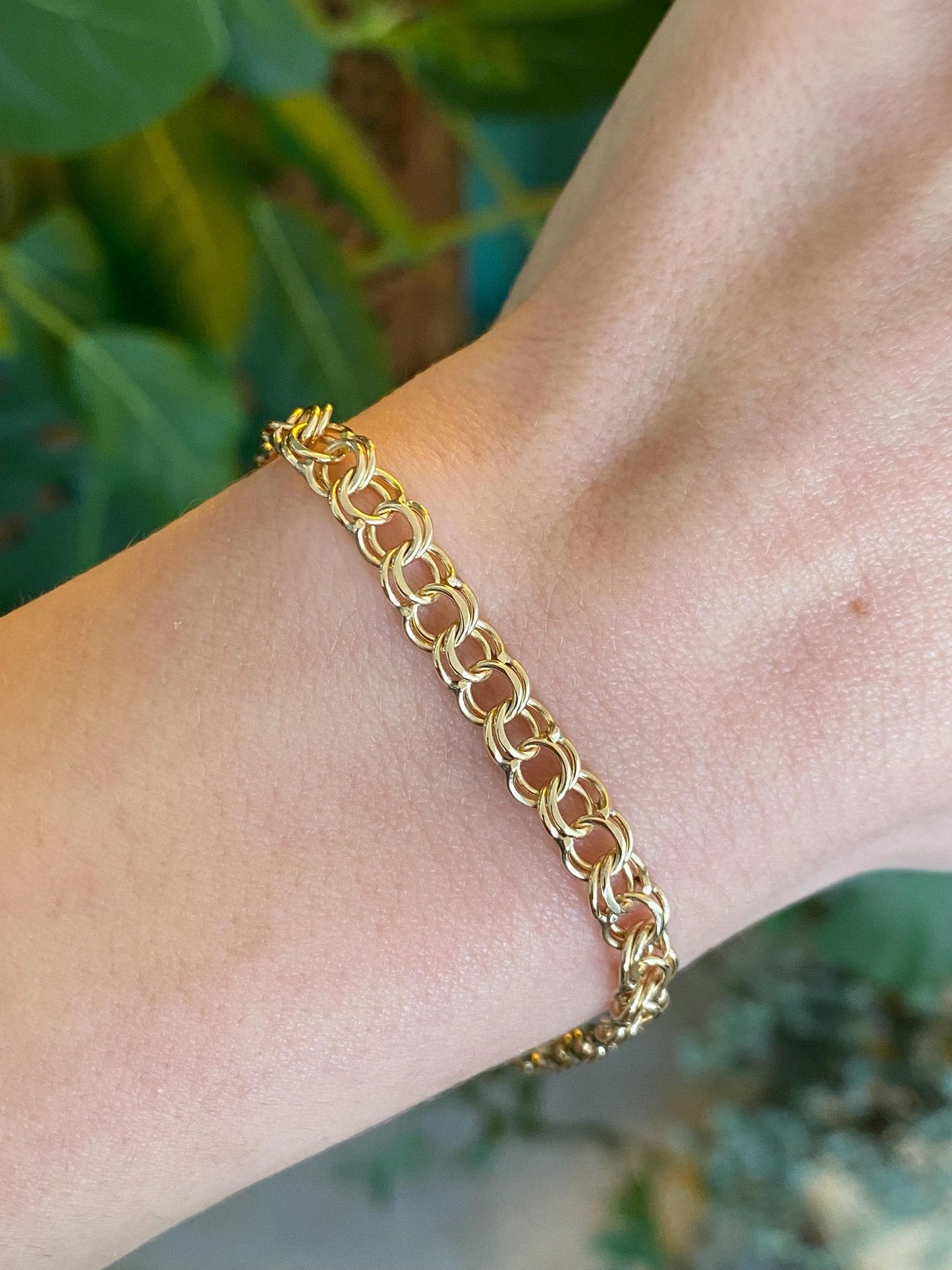 Vintage Solid 14k Yellow Gold Double Link Charm Bracelet - 7.25 inches