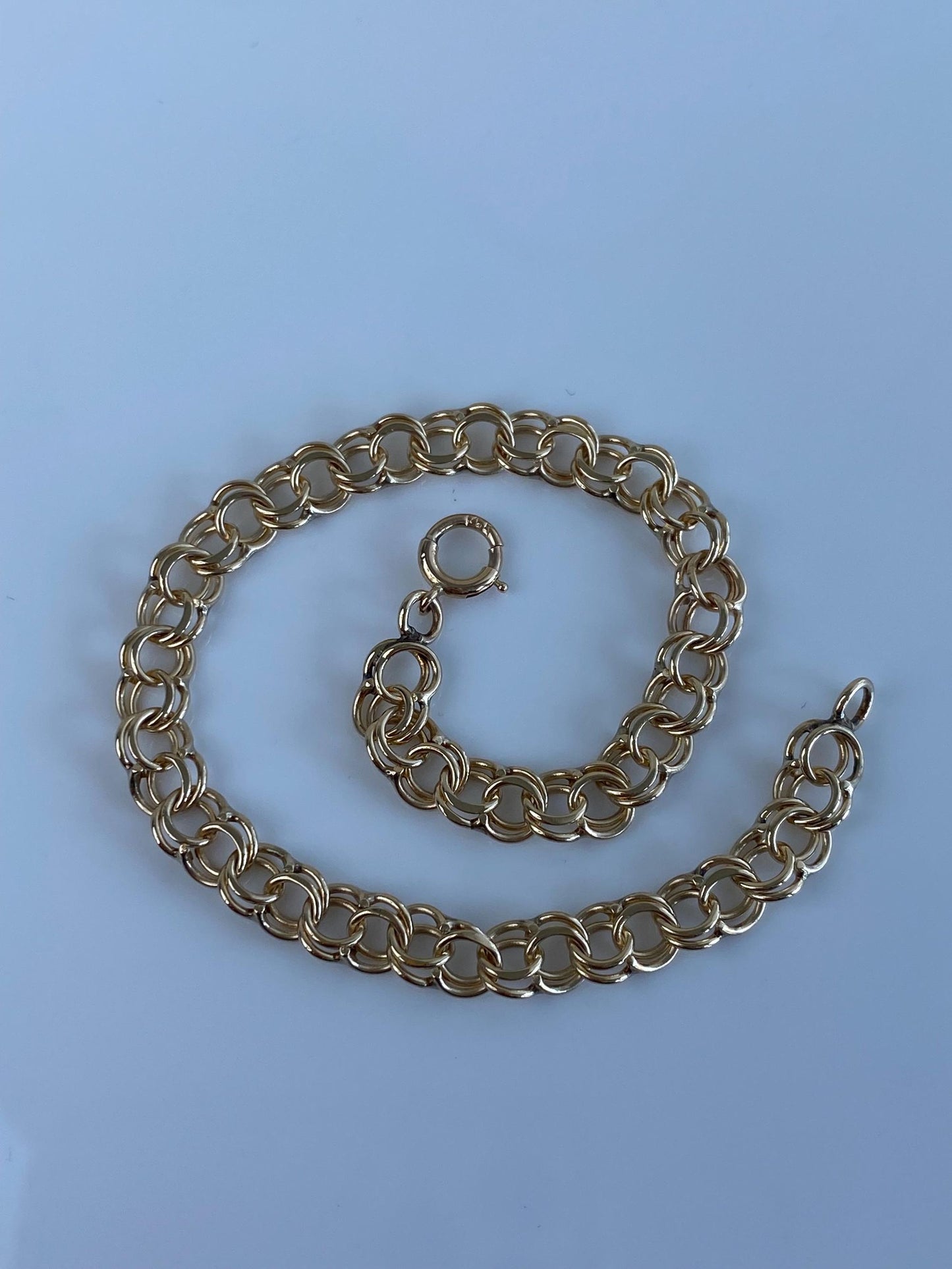 Vintage Solid 14k Yellow Gold Double Link Charm Bracelet - 7.25 inches