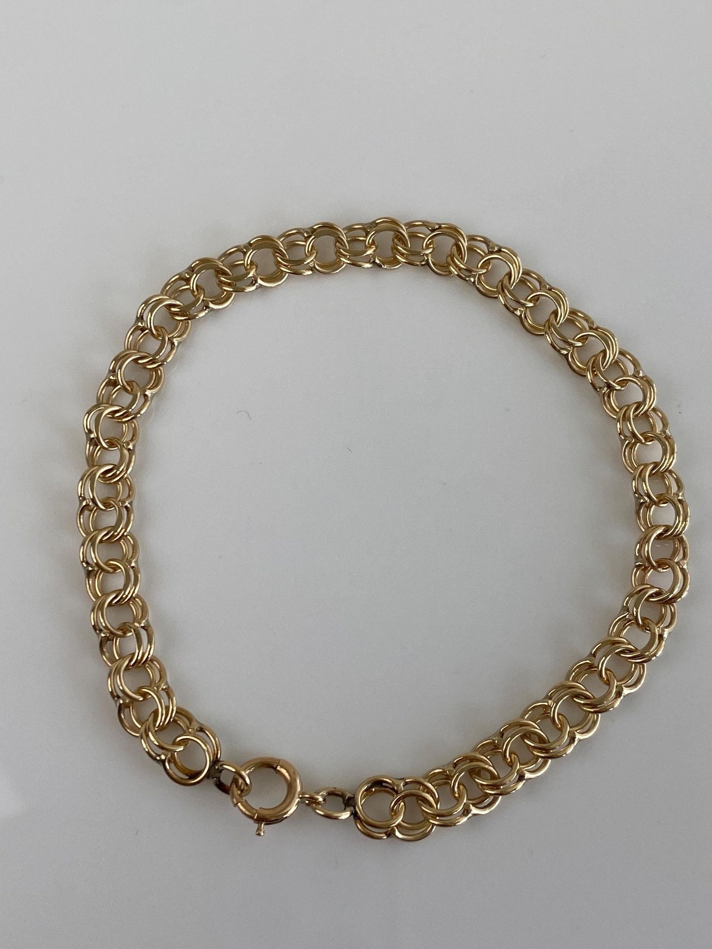 Vintage Solid 14k Yellow Gold Double Link Charm Bracelet - 7.25 inches