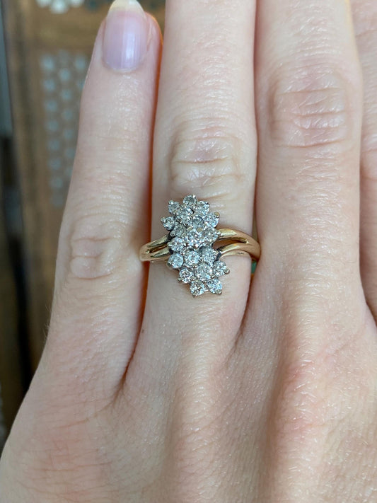 Vintage Solid 14k Yellow Gold Diamond Cluster Ring - Size 5.25