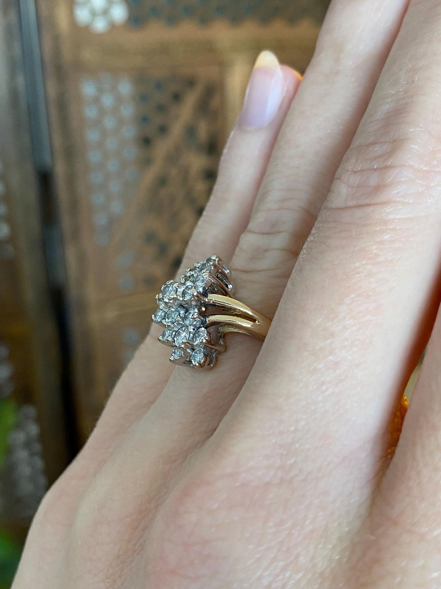 Vintage Solid 14k Yellow Gold Diamond Cluster Ring - Size 5.25